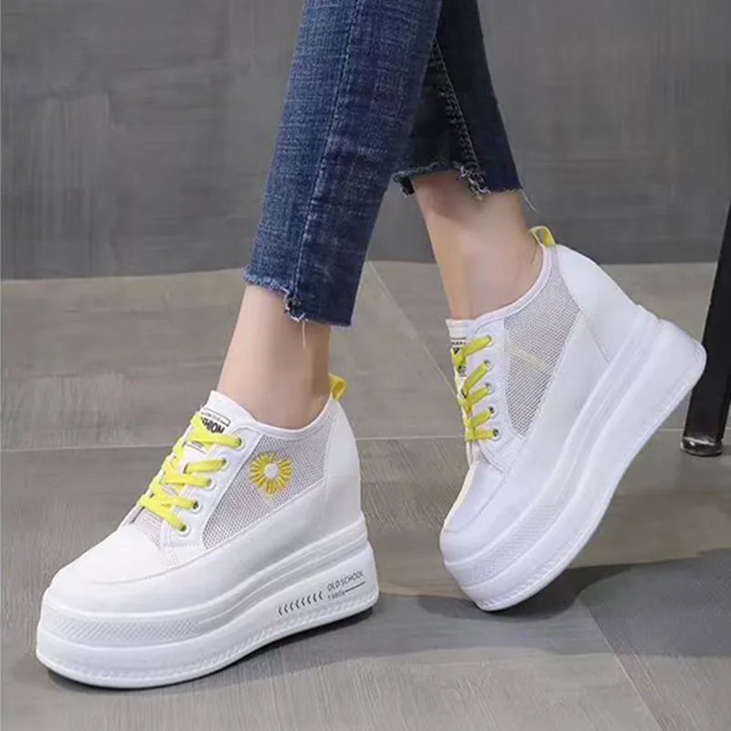 Internally-increased Women White Shoes 2023 New Thick Platform Ladies Casual Flats Mesh Breathable Student Walking Sports Shoes