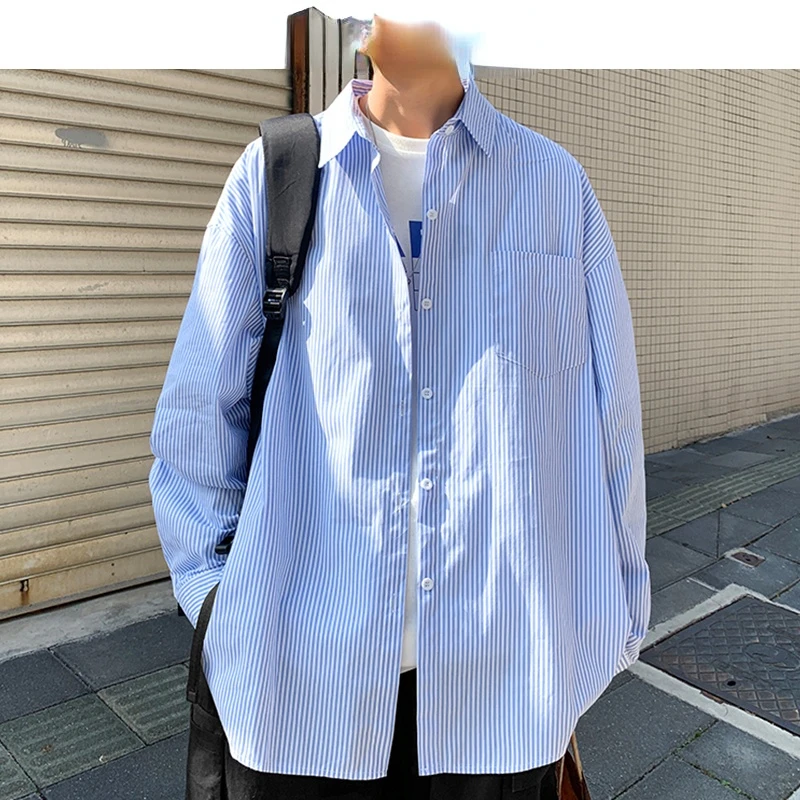 

NEW IN Men Korean Fashions Long Sleeve Shirts 2022 Spring Mens Striped Blue Vintage Shirt Male Cotton Button Up Blouse 5XL