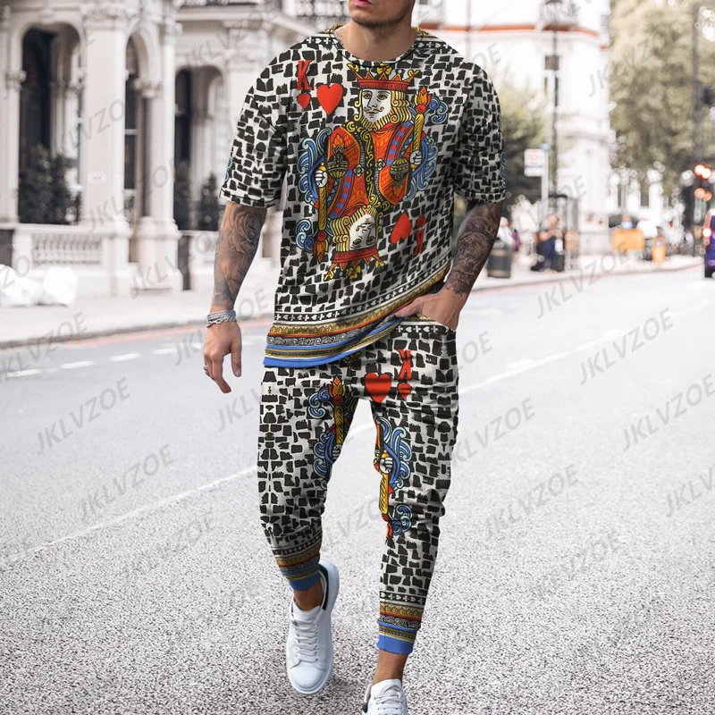 New Fashion Leopard Print T-shirt Trousers Men's Streetwear Sports Short Sleeve T Shirt+pants 2 Pcs Sets Men Tracksuit Jogging