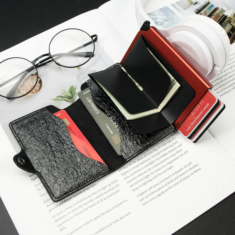 Фото Новинка, мужской кошелек CASEKEY с идентификацией по Rfid, мужской кошелек в деловом стиле, унисекс, мужской кошелек, металлический кожаный выдвижной держатель для карт №5