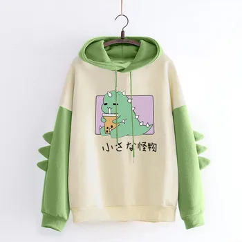 Kawaii Women Cartoon Dinosaur Hoodie Fleece Soft Patchwork Oversized Hooded Pullover Sweatshirts Tops 1