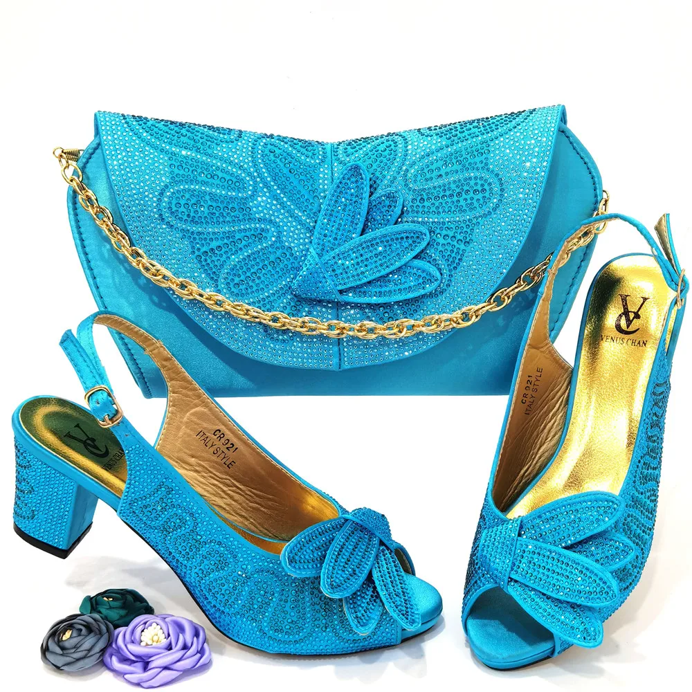 

Elegant Summer Classic S.Blue Color Pointed Glass Heels Design Ladies Shoes Dual-Use Ladies Bags Wedding Party Shoes Bag
