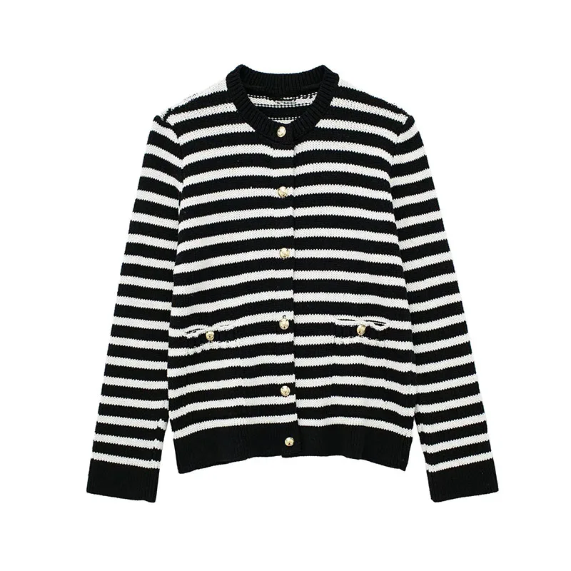 

American Autumn Women's 2023 Casual Classic Retro Round Neck Single-Breasted Long Sleeve Striped Knitted Jumper Coat