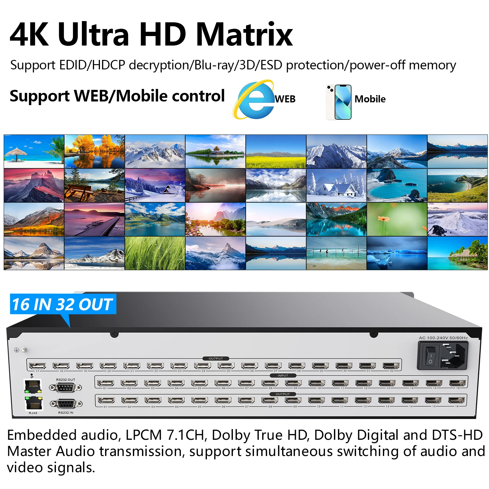 16x32 HDMI Matrix switcher 4K30Hz, HDMI Matrix Switch Splitter Supports EDID Management/HDCP decoding/Web control/RS232/IR/Dolby