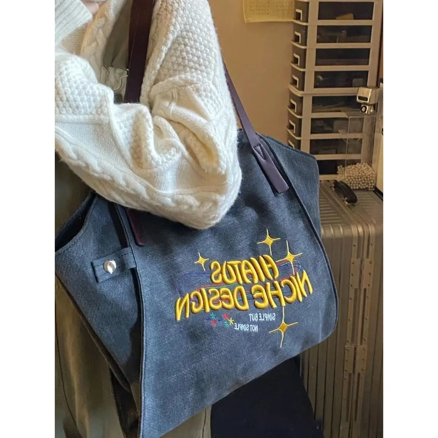 

Fashion Tote Bag For Women Canvas Fabric Bags Eco Reusable Embroidered letters Bags Traveling Beach Casual Useful Shoulder Bag