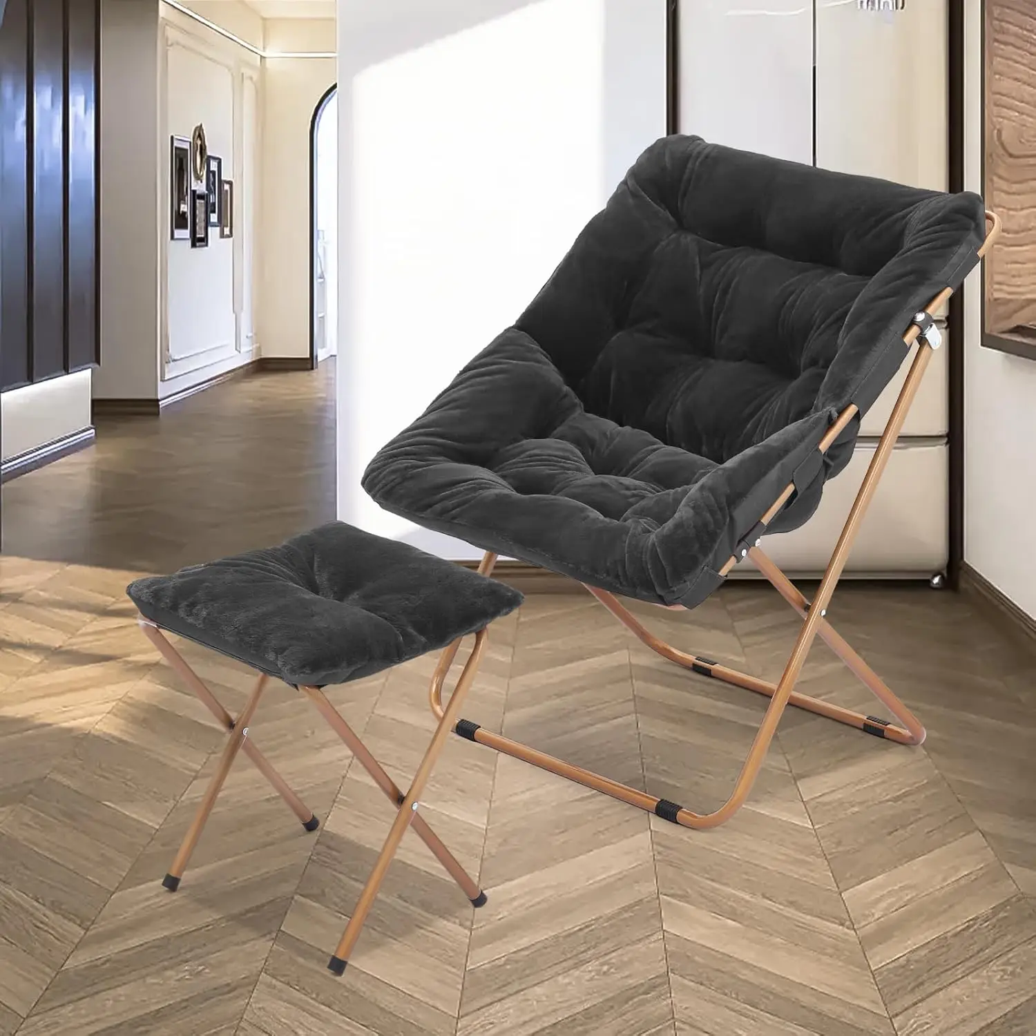 #Comfy Oversize Folding Saucer Chair & Ottoman Set Faux Fur Metal Leg Bedroom Living Room Adult Black (art.: 3920db685c22e) - 3920db685c22e