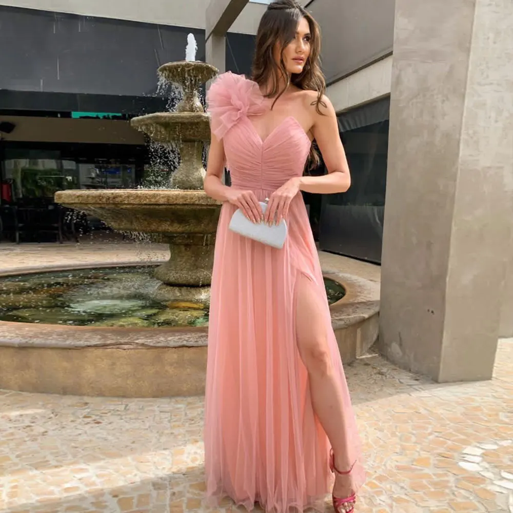 

Женское вечернее платье на одно плечо, розовое длинное платье с цветочным принтом, открытыми плечами и Боковым Разрезом, для торжественных мероприятий и вечеринок, 2023