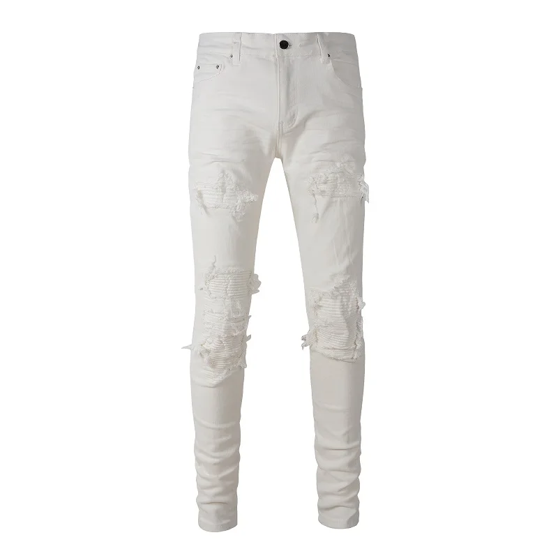 

New Arrivals Men's Beige White Slim Streetwear Distressed Skinny Stretch High Street Bandana Ribs Patchwork Ripped Jeans