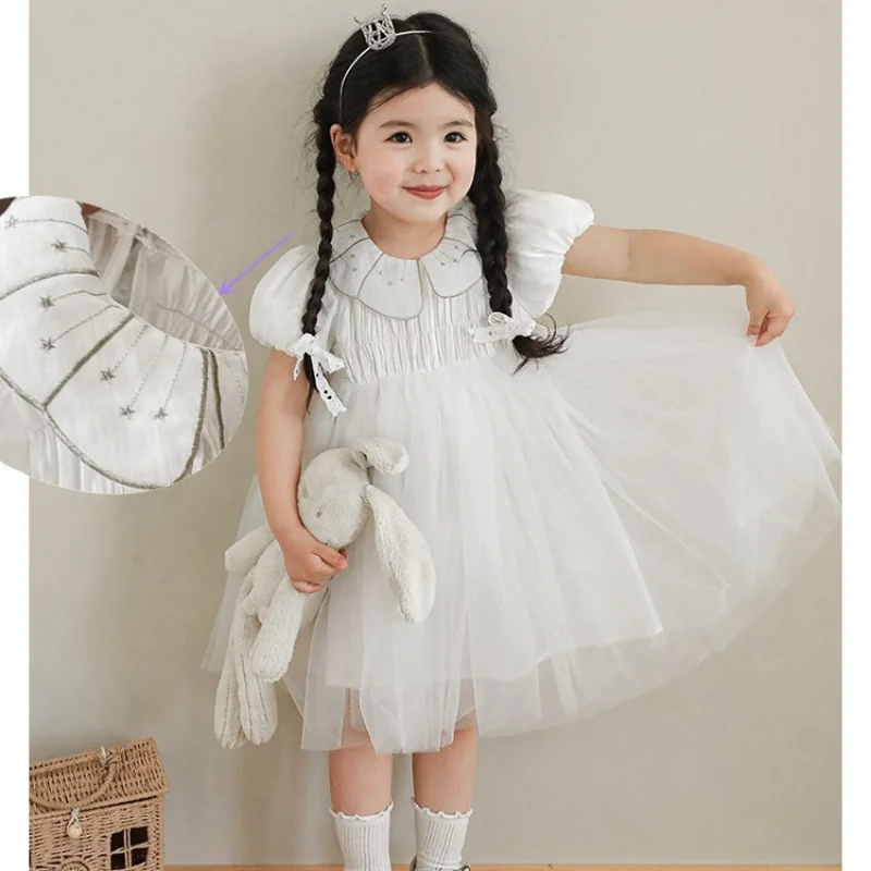 

Новинка 2023, летние белые повседневные винтажные платья с вышивкой в виде звезд для девочек, одежда для маленьких детей, одежда, платье принцессы
