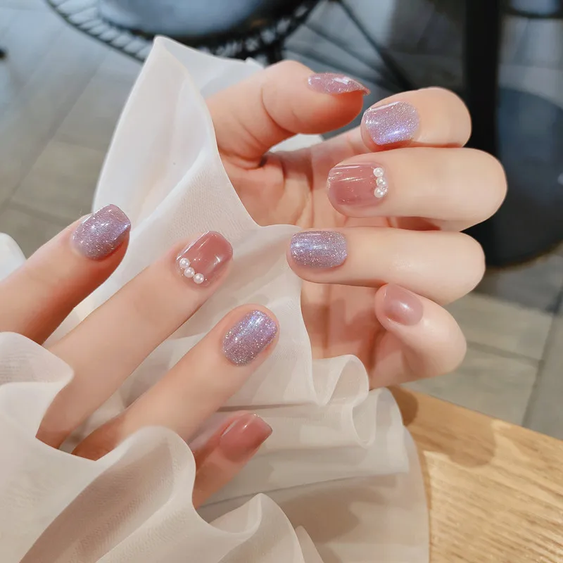 

24Pcs/Box Pearl Fake Nails Press On Nails Short Square Head French Tips Nail Set Press On Nail With 24Pcs Sticker Nail Art