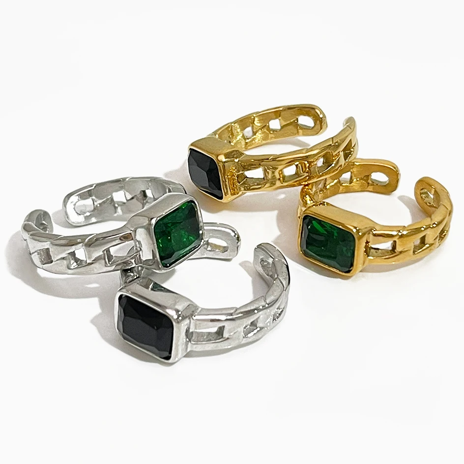 

Peri'sBox Fashion Rectangle Black Green Zircon Ring for Women Stainless Steel Gold Color Link Chain Wide Open Rings Lady Jewelry