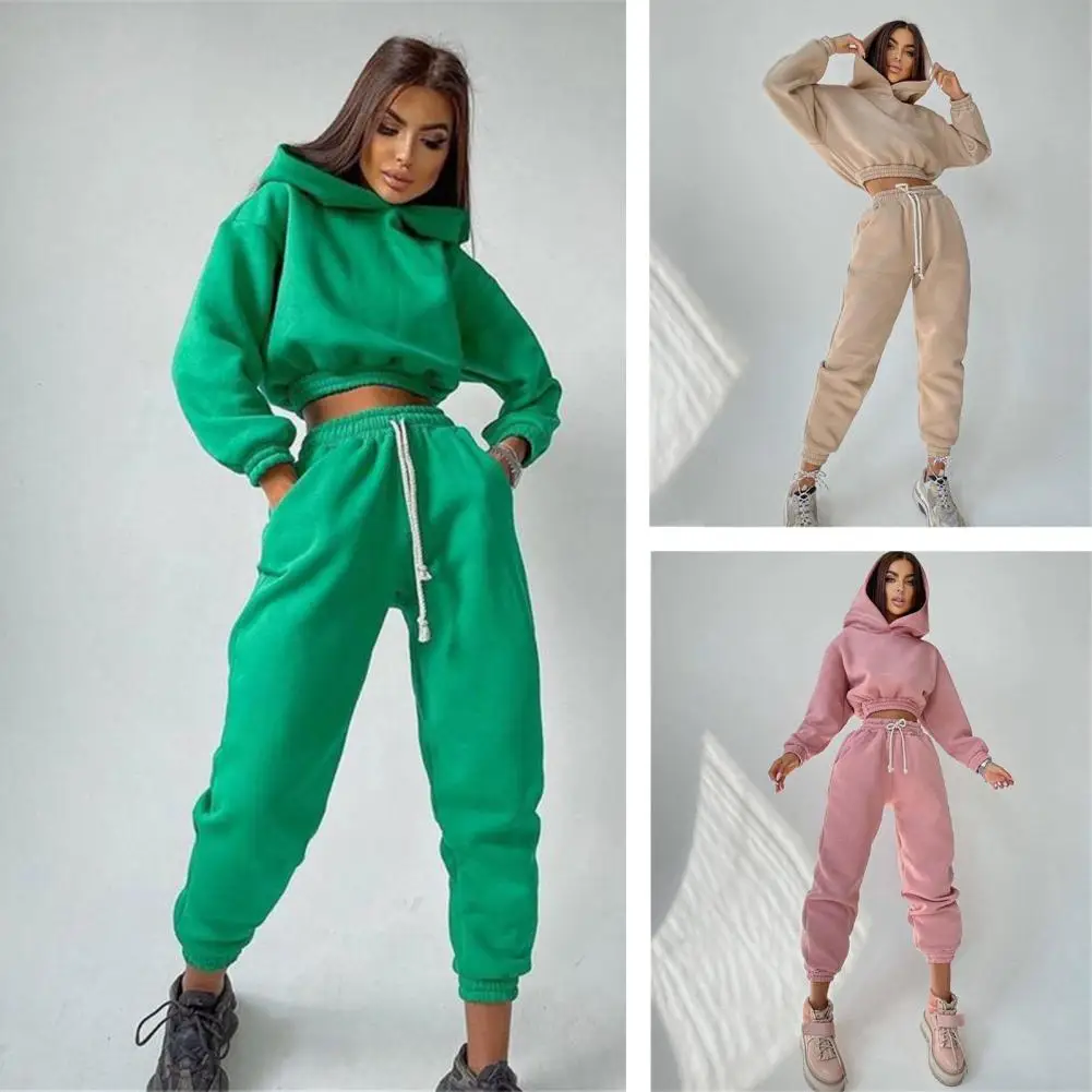 

1 Set Stylish Hoodie Pants Drawstring Pockets Women Outfit Relaxed Fit Ribbed Cuff Hoodie Pants