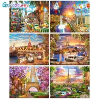 gatyztory picture by number tower landscape kits for adults handpainted diy frame painting by number build home decoration