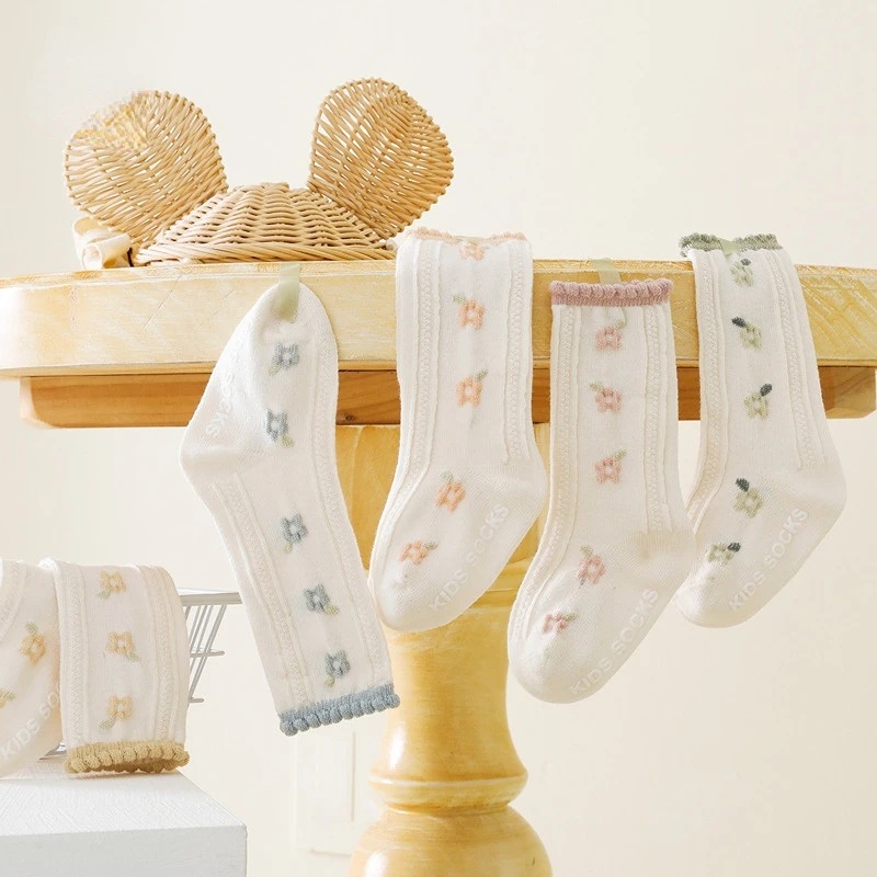 

Весенние новые милые белые гольфы для маленьких девочек, однотонные носки из чесаного хлопка с жаккардовым переплетением, детские Нескользящие носки для пола