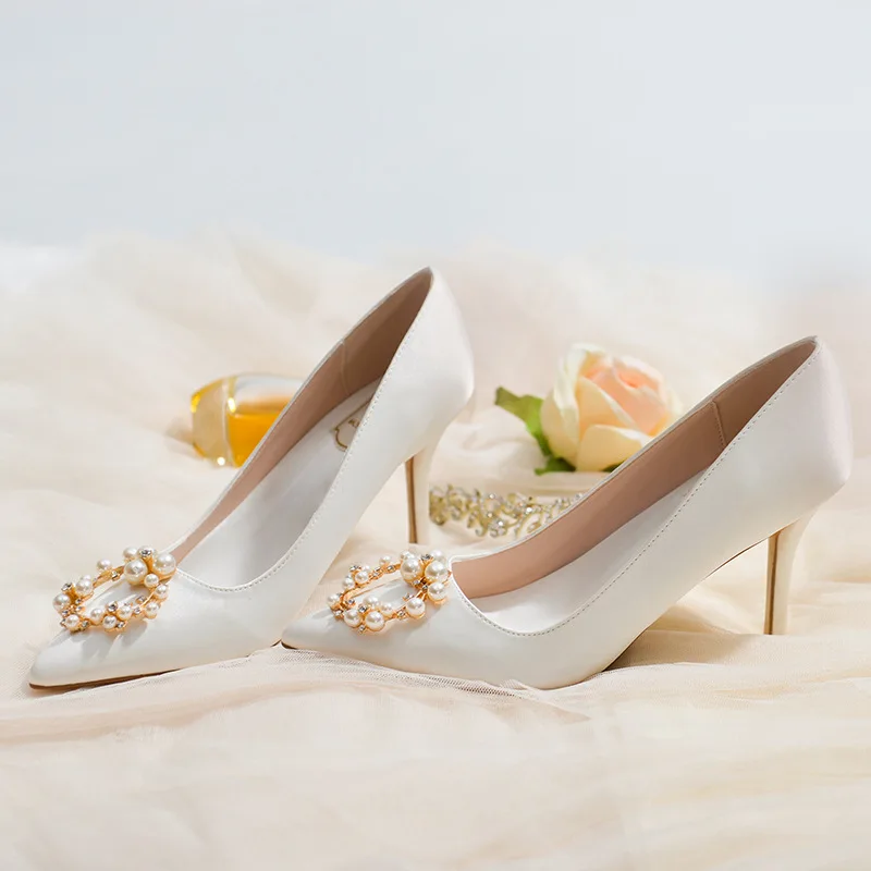 

Ladies Bridal Wedding Shoes Pointed Toe High Heels Pearl Red Satin Shoes Pearl Stiletto Shoes White Bridal Shoes For Women
