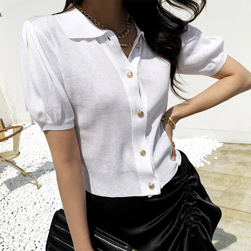 

Short Puff Sleeve Button Up Knitted T-shirt Women Summer New Fashion Casual Streetwear Top Female Aesthetic Clothes Dropshipping