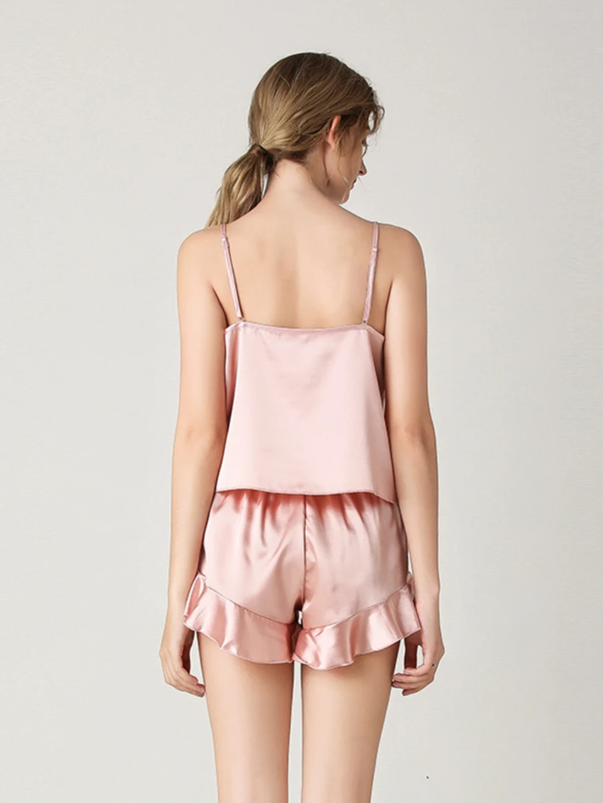 Marthaqiqi Sexy V-Neck Women'S Pajama Sets Satin Nightie Spaghetti Strap Sleepwear Drawstring Shorts Elegant Women Summer Suits