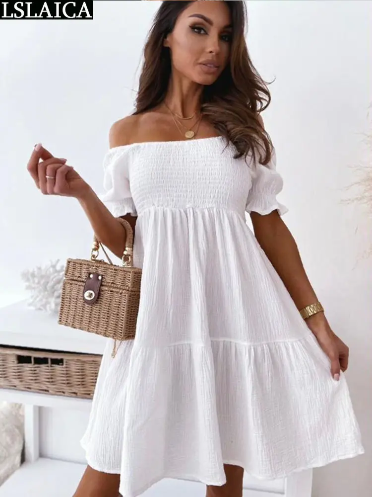 

Oxford Cable Party Dress Women Elegant Luxury Short Sleeve Dresses for Womens 2023 Off the Shoulder Summer Cheap Casual Pleated