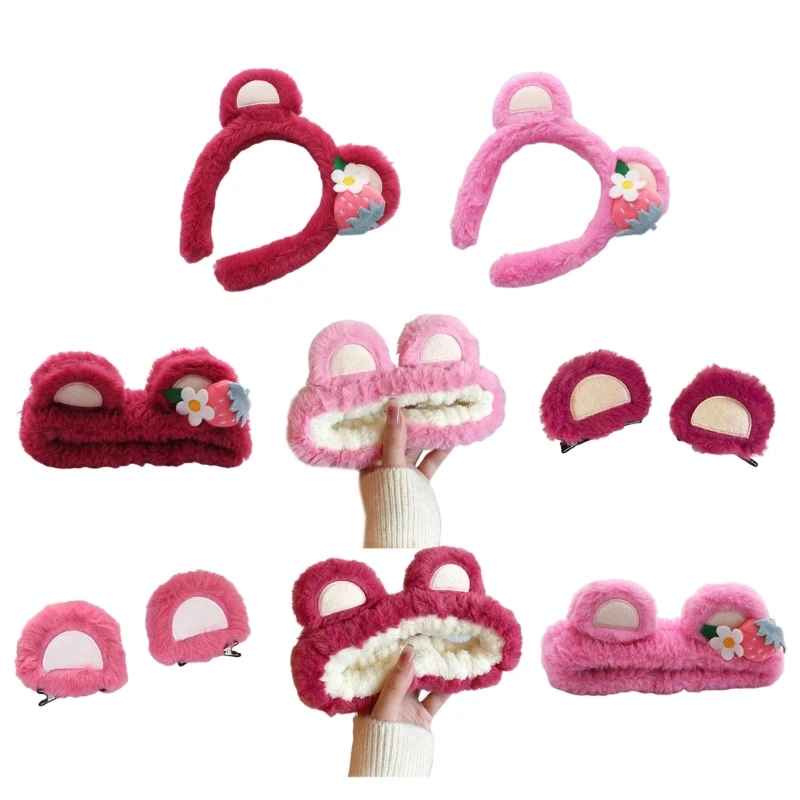 

Cute Strawberry Bear Ears Headband Plush Hairbands New Year Party Hair Decor