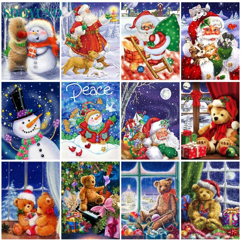 

SDOYUNO Christmas DIY Paint By Number Snowman Scenery On Canvas Painting Kits Acrylic Paint Coloring By Numbers Handpainted