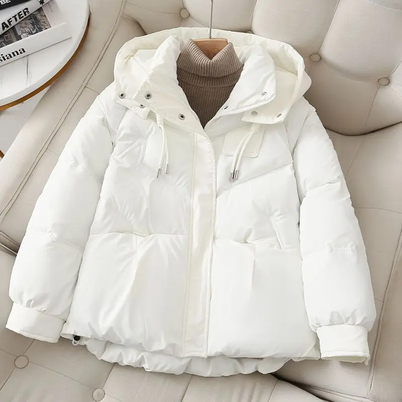 2023 Winter New Fashion White Duck Down Short Jacket Women Thick Warm Loose Hooded Pockets Coat Outwear Down Coat Ladies M46