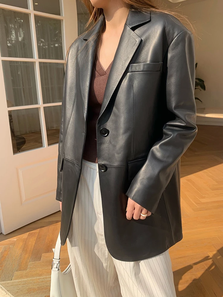 Lautaro весна осень свободный крой черный мягкий пиджак из искусственной кожи