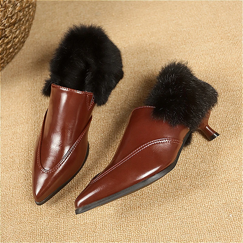 Женские ботильоны на высоком каблуке с мехом короткие плюшевые теплые туфли