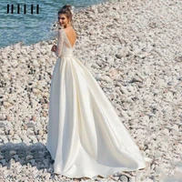 2022 modern elegant long sleeves lace pleat satin wedding dresses v neck a line backless beach bridal dress bridal gowns