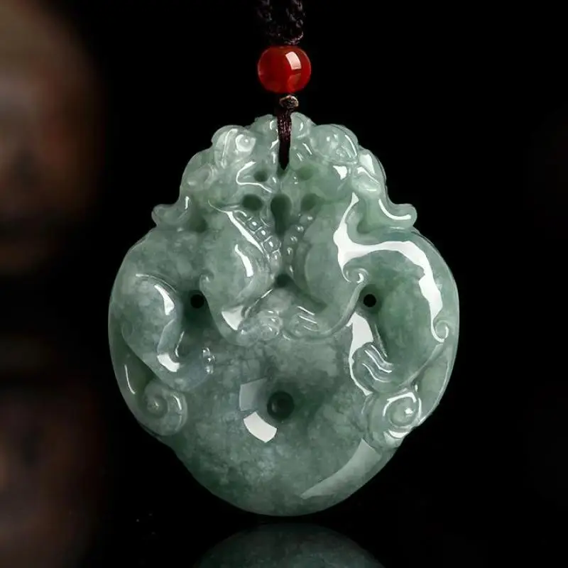 

Natural Burma Jades Pixiu Pendant Fengshui Necklace Men Women Real Jadeite Myanmar Emerald Charms Brave Troops Lucky Amulet Gift
