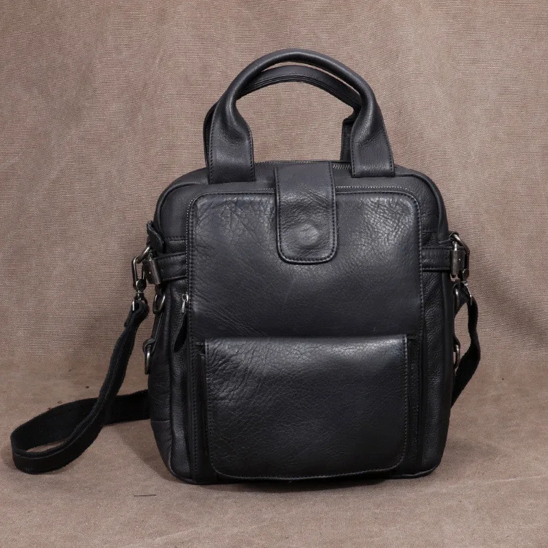 Retro fashion top first layer cowhide men's black handbag for outdoor work high quality natural real leather business briefcase
