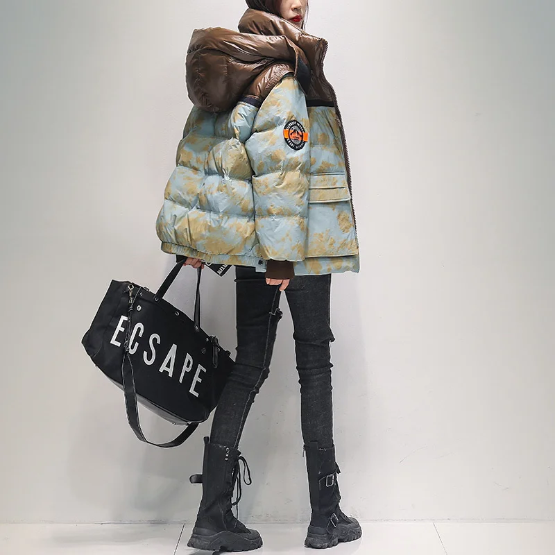 Thick Warm Parkas Women Streetweat Print Down Jacket Fashion Harajuku Casual Oversize Coat Winter Hooded Outwear