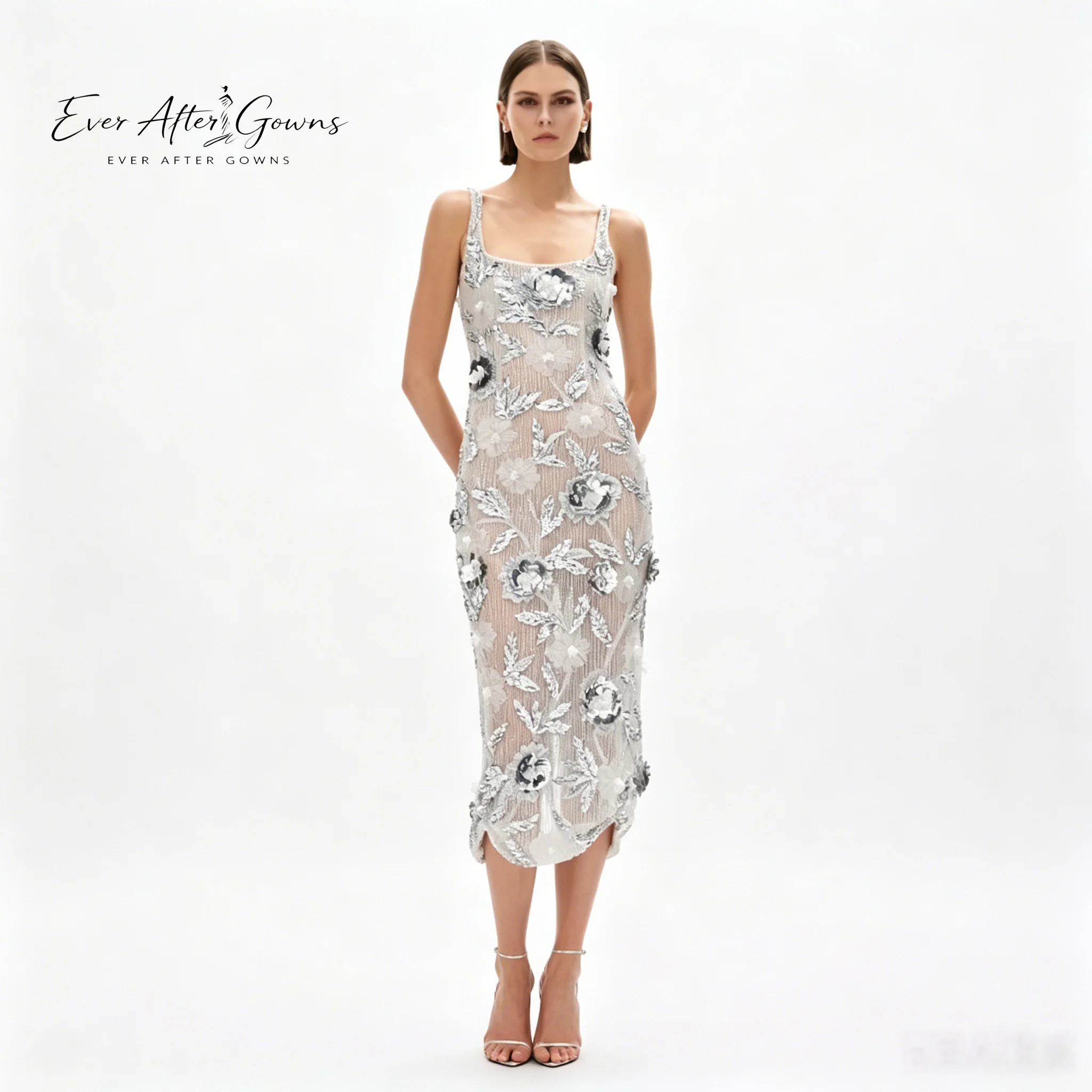 Фото Платье Ever After Gowns серебристое, с цветочным узором и бисером, миди, для женщин - коктейльное платье с квадратным вырезом, без рукавов, из прозрачной сетки, с пайетками №1