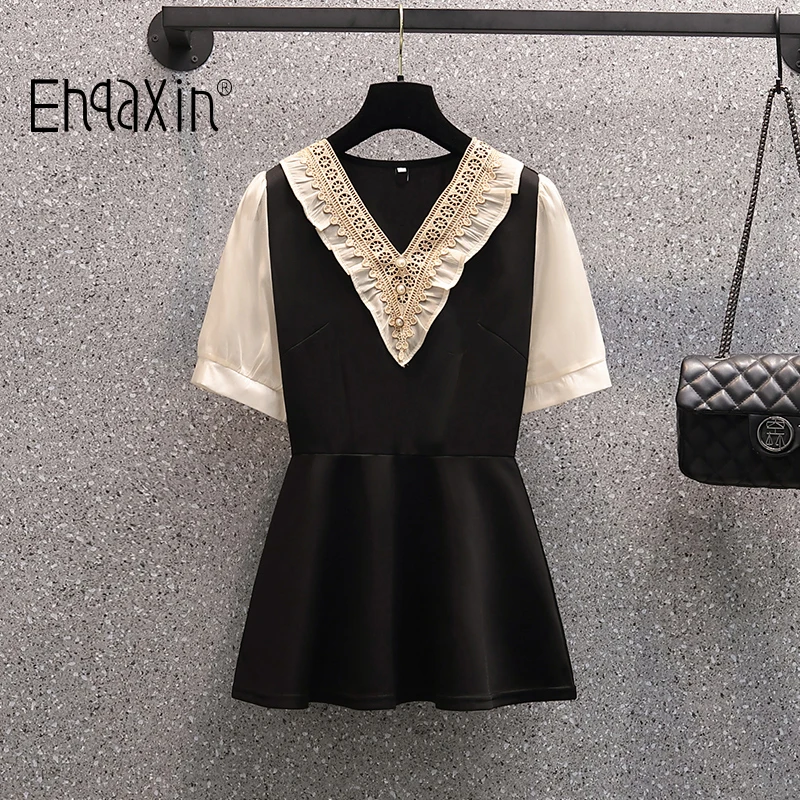EHQAXIN New Ladies Tops Casual Summer Korean Version Loose V-Neck Lace Stitching Pullover Button Top For Womens L-4XL