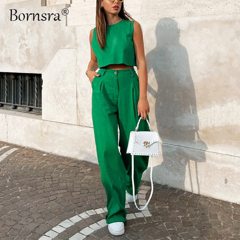 

Уличная одежда Bornsra из хлопка и льна, короткий топ без рукавов с круглым вырезом, Модный комплект из 2 предметов, брюки с эластичной талией и ш...