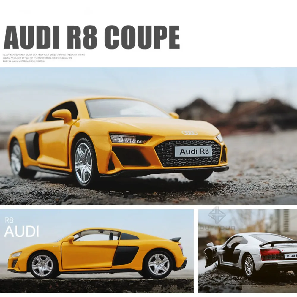 

1/36 Audi R8 Alloy Diecast Metal Supercar Toy Car Model Simulation Light And Sound 2 Doors Opened Pull Back Gifts For Children