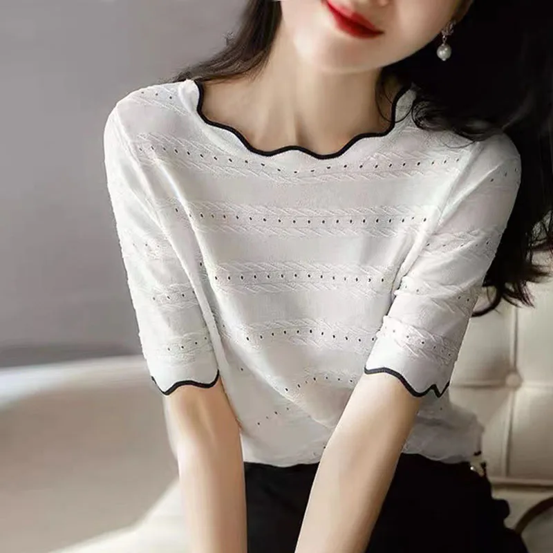 

Wavy Lace Short-Sleeved Women's Summer Thin Ice Silk Fashion Hollow Knitted T-Shirt Half-Sleeved Top Loose Pullover Vest Tees