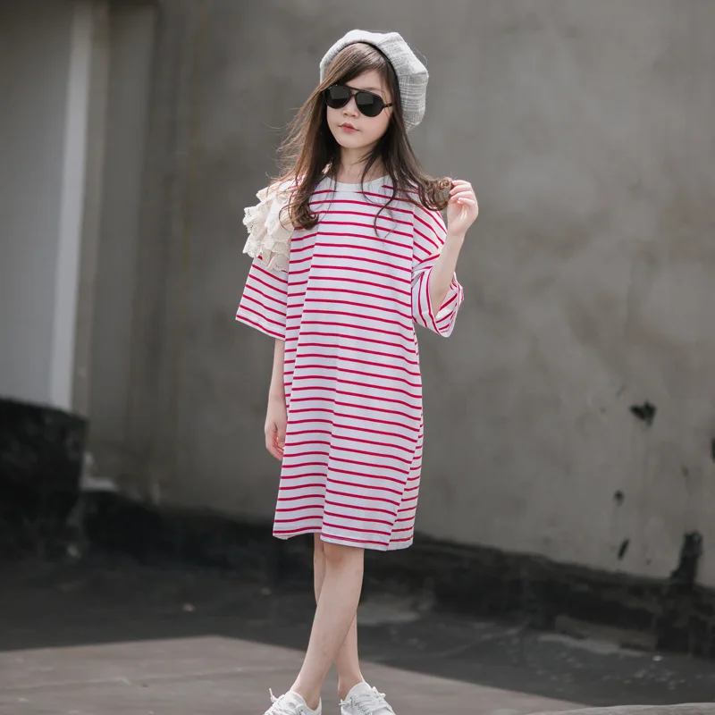 

Детское Хлопковое платье в полоску, на возраст 7-12 лет