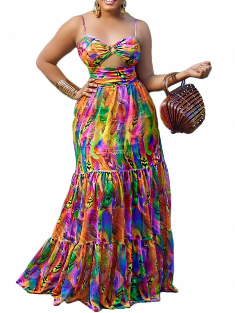 

Summer Bohemian Pleated Dress For Women Elegant Sleeveless V-Neck Maxi Dresses Fashion Flower Sexy Evening Party Skinny Vestidos