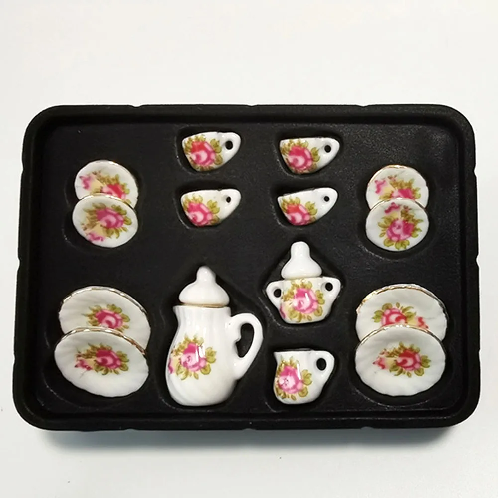 

15pcs 1:12 Teapot Teacup Model Kitchen Miniature Porcelain Tea Cup Set Dollhouse Decor Toy Play House Plates Dishes Fairy Garden