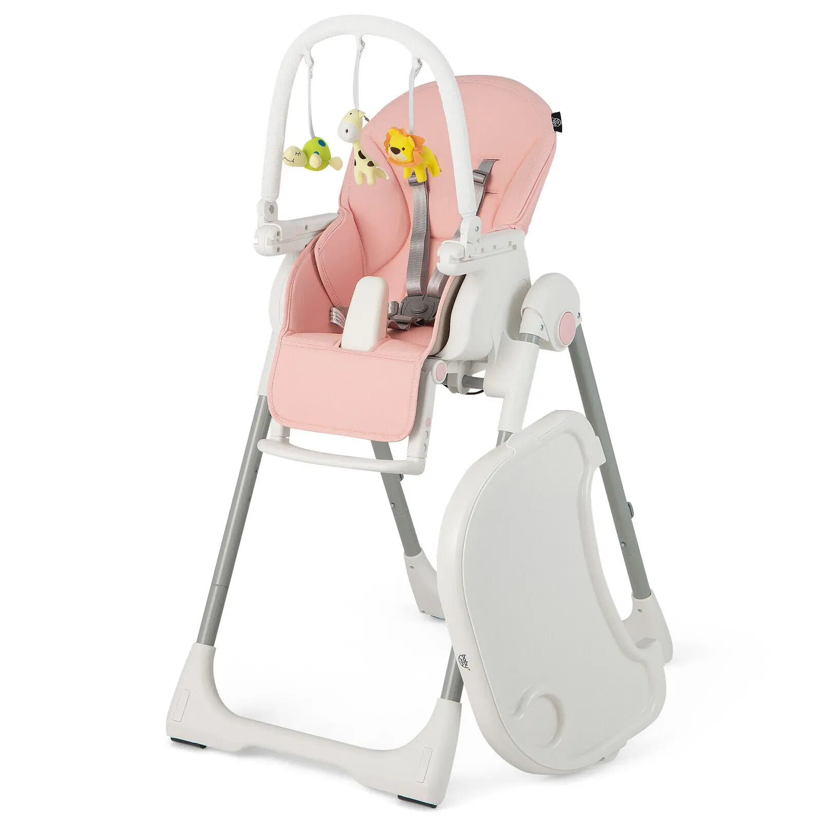 Babyjoy Foldable Baby High Chair w/ 7 Adjustable Heights & Free Toys Bar for Fun Pink