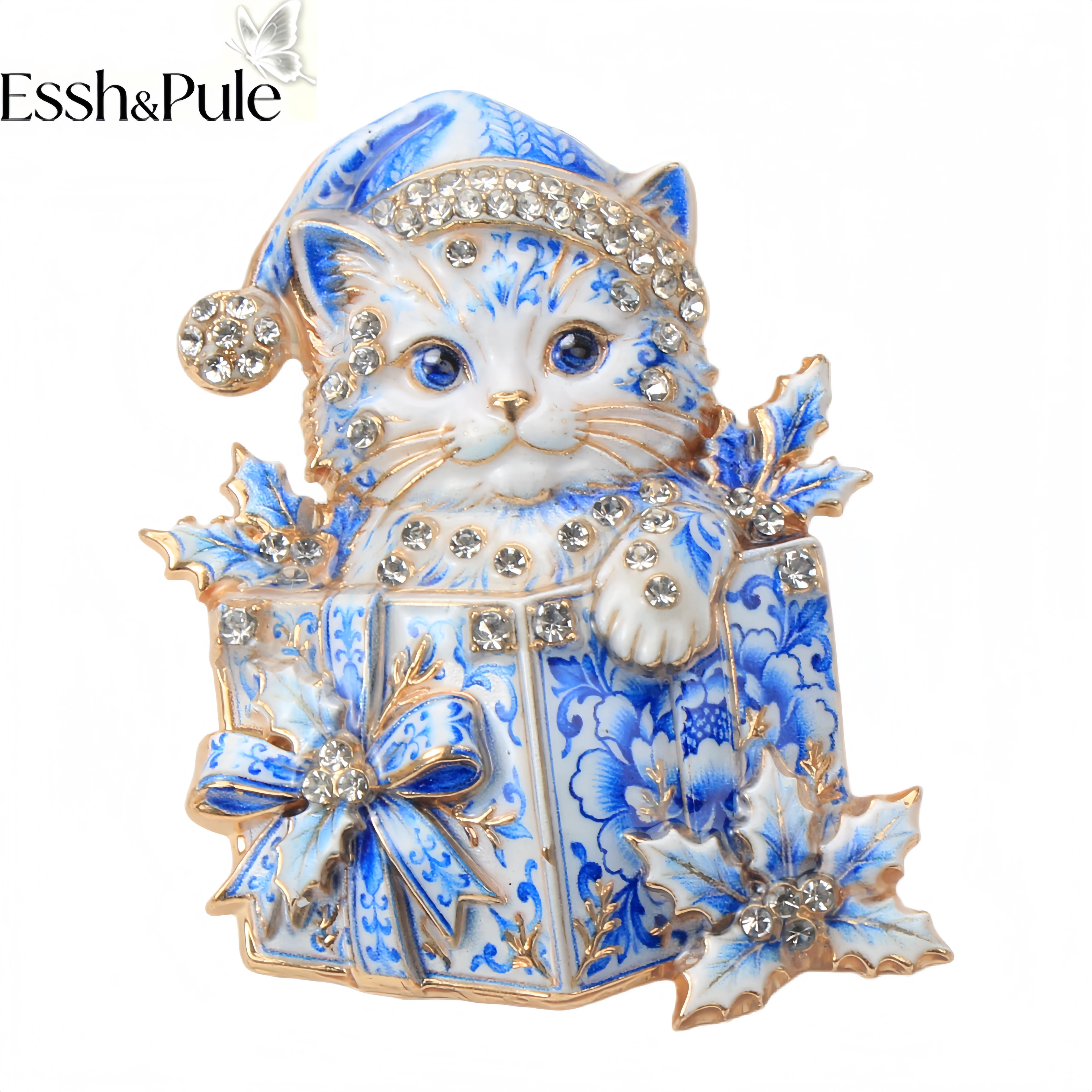 Фото Брошь-значок Essh&Pule «Рождественский кот» с цветной эмалью и стразами, милый праздничный зимний аксессуар для женского пальто, украшение для вечеринок, подарок №4