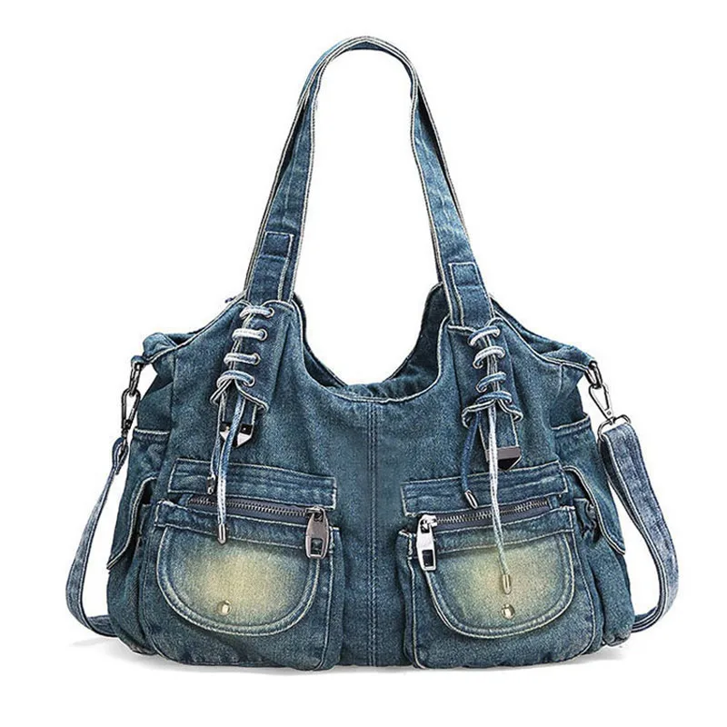 Women Bag Jeans Tote Vintage Shoulder Bag Casual Denim Zipper Handbag Large Capacity Weave tape Creative Fashion Messenger Bag