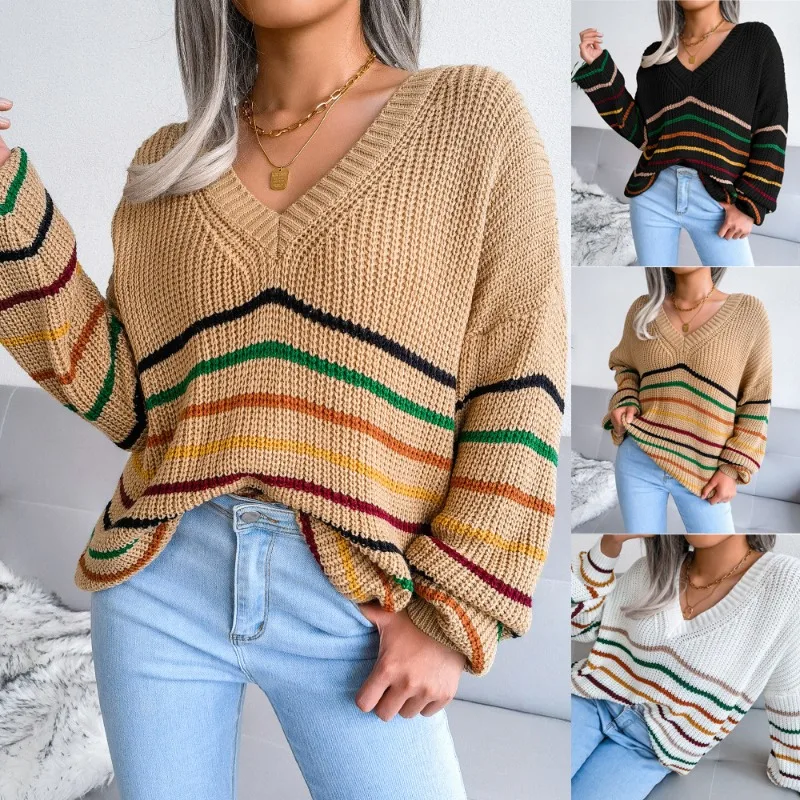

New Autumn/Winter Sweater Y2k Casual Fashion V-neck Loose Pullover Rainbow Stripe Casual Knit Loose Sweater Street Style