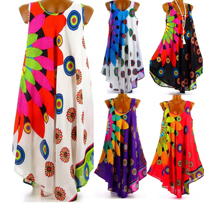 

European and American Women's Clothing 2021 Summer Sleeveless Irregular Dress Loose Chiffon Print Dress African Women's Clothing