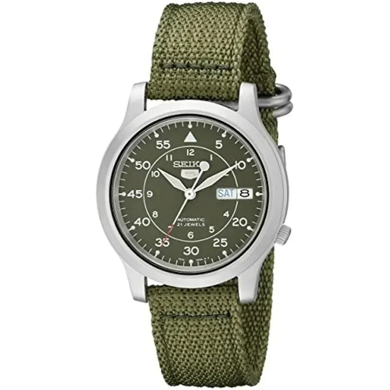 Фото Оригинальные часы SEIKO SNK805 для мужчин 5, автоматические часы из нержавеющей стали с механическими часами из зеленого холста, мужские часы №2