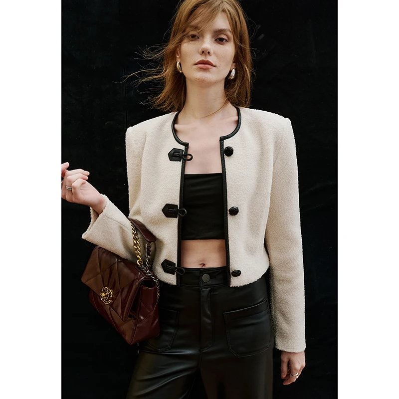 

IOO Wool Blend Round Neck Cropped Jacket 2023 Winter Women Fleece Short Coat French Pairs