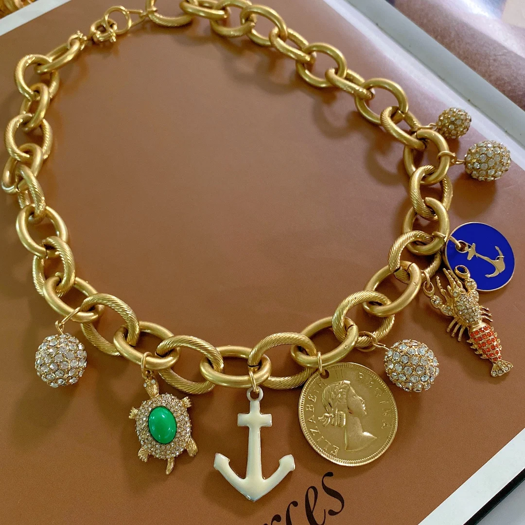 

European and American cold wind retro multi-pendant navy necklace