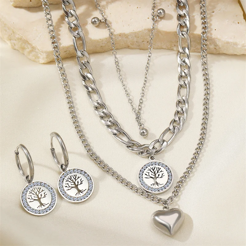 316L Stainless Steel Multi-layer Chain Love Tree Of Life Pendant Necklace Earring Women's Jewelry Set