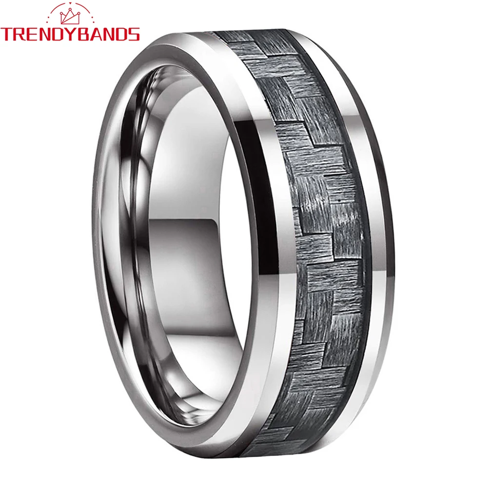 

6mm 8mm Mens Womens Tungsten Rings Wedding Band Gray Carbon Fiber Inlay Beveled Edges Polished Shiny Comfort Fit
