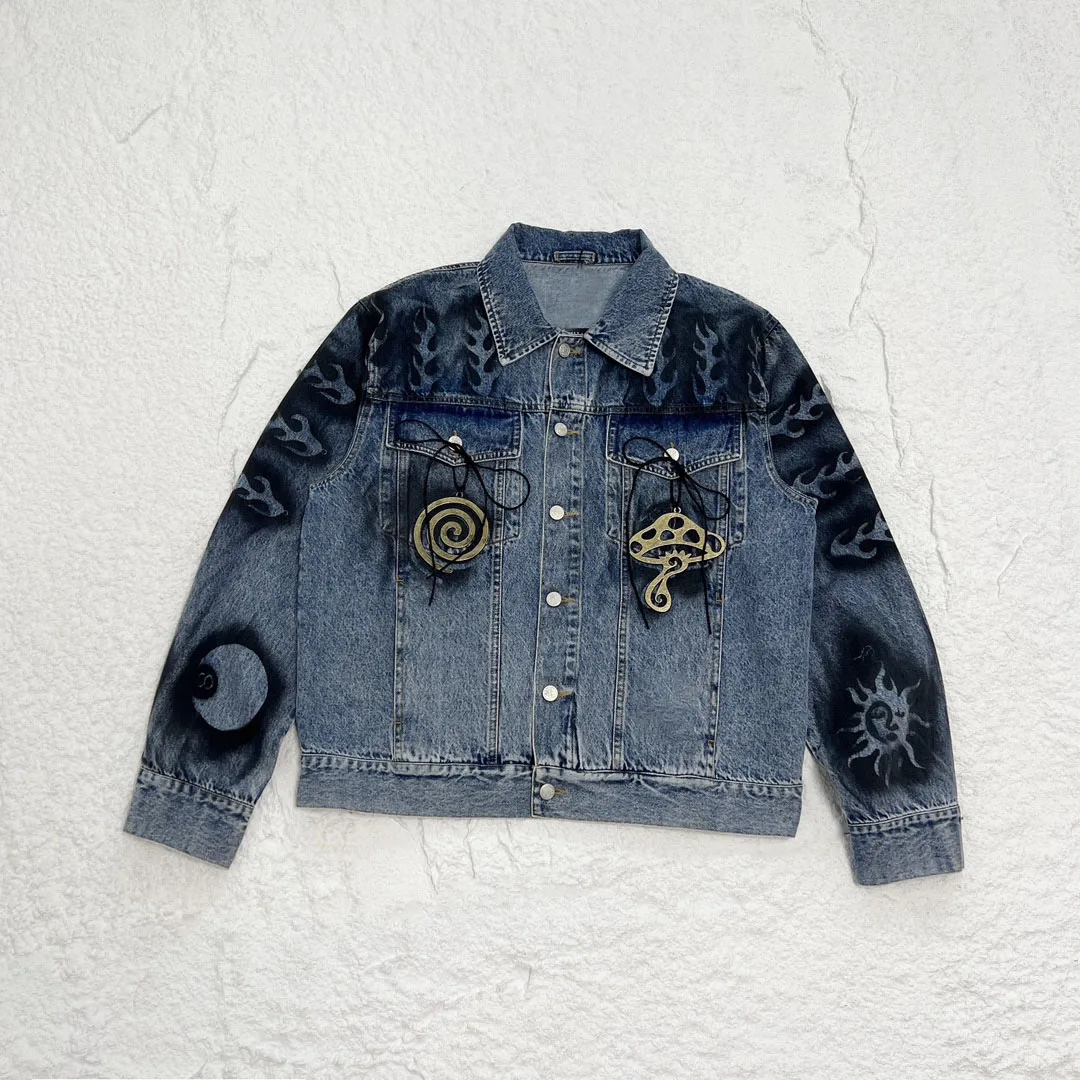 

Мужская осень/зима 2023 Новинка Высокое качество классические уличные граффити элементы ручная роспись черный восемь джинсов